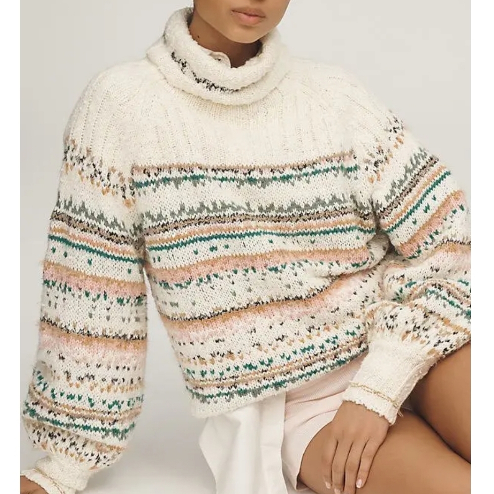 Pilcro Cream Cowl-Neck Sweater with Teal and Peach Stripes - Picture 9 of 9